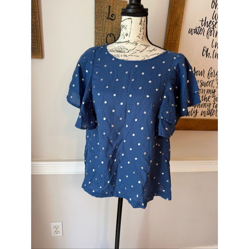J. Crew Women's Metallic Polka Dot Flutter Sleeve Blouse Blue Silver Medium
